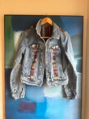 Free People Baja Serape Embroidered Distressed Denim Trucker Jacket